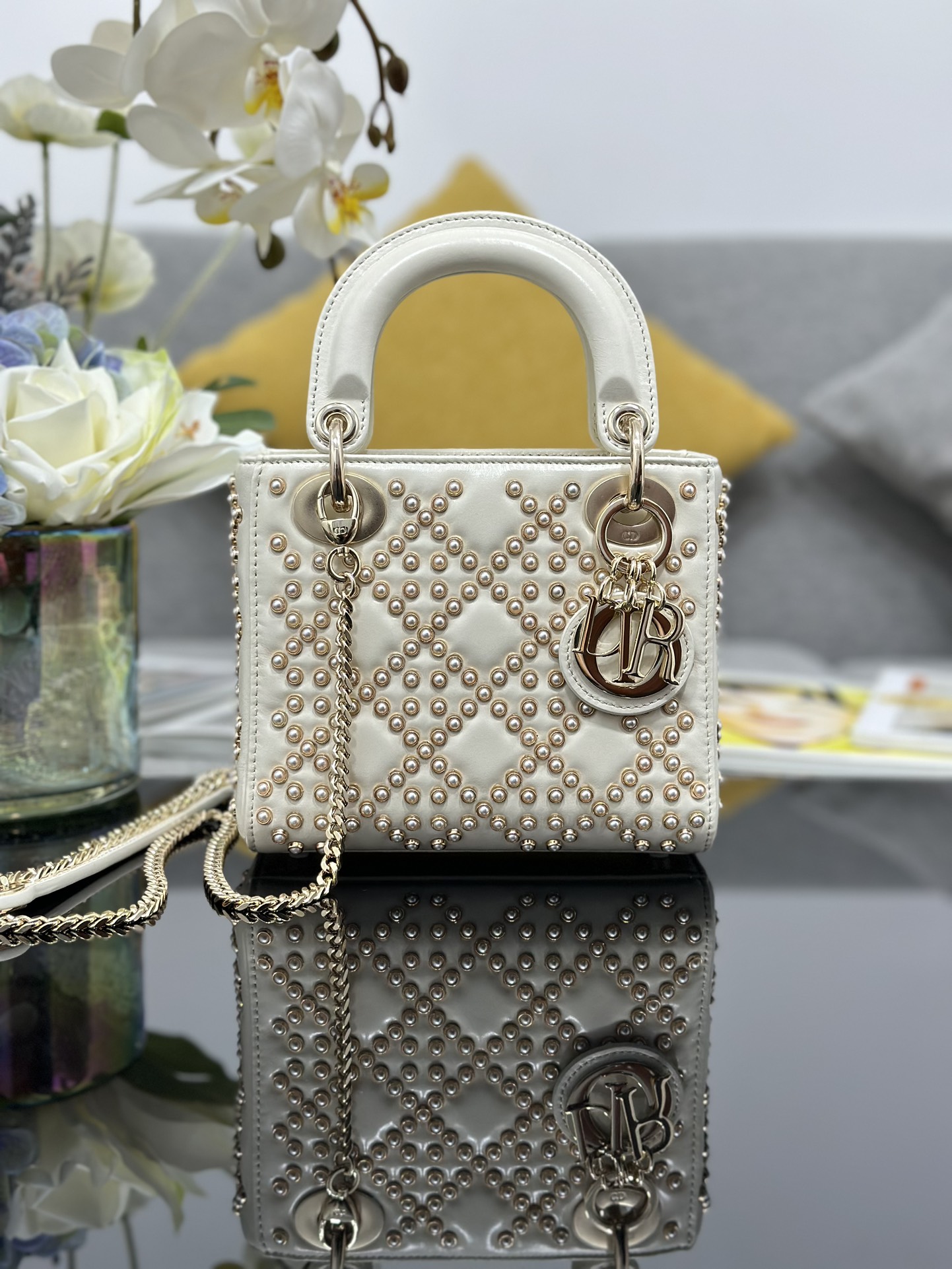 Mini Lady Dior Bag White Calfskin Embroidered with Pearl Nail